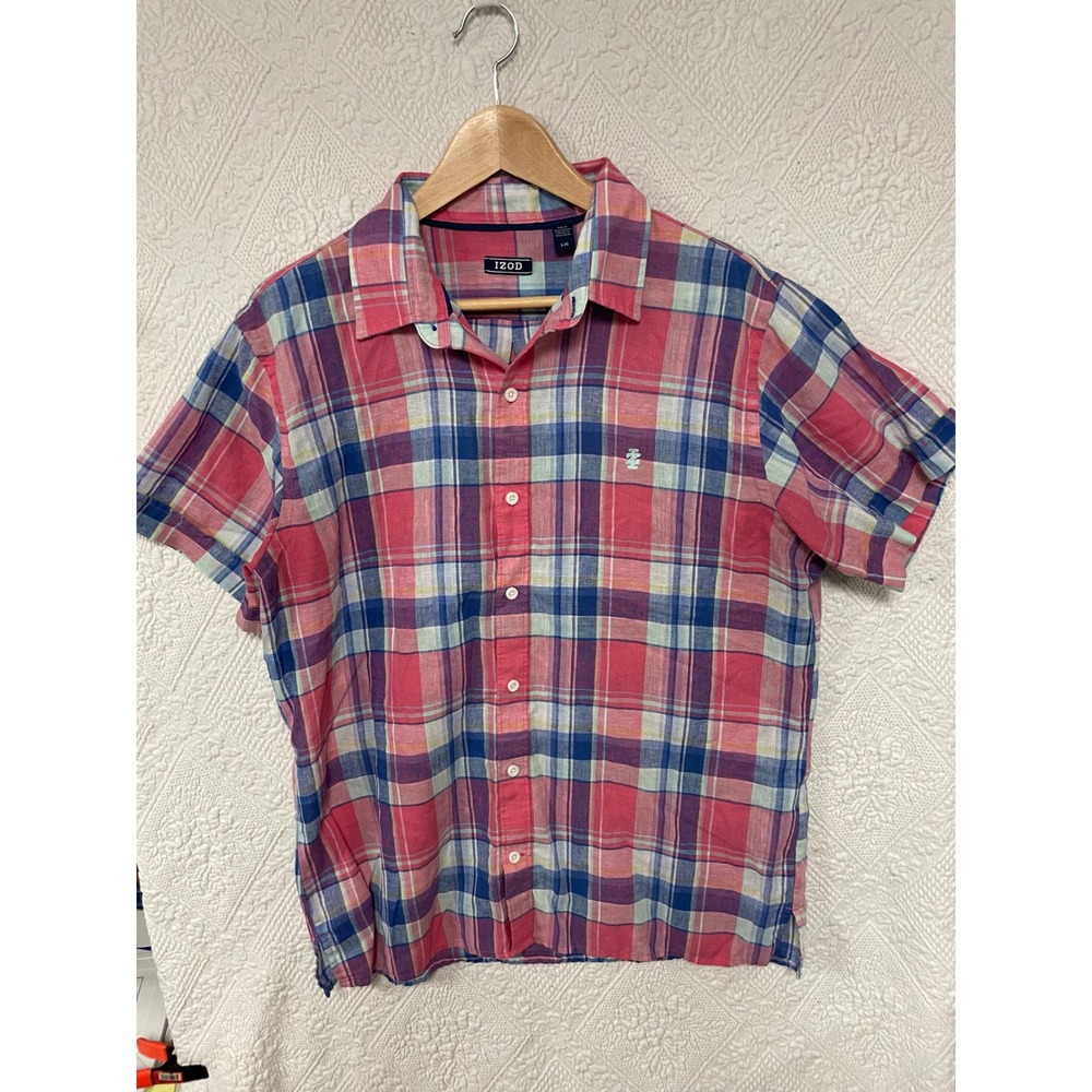 Izod Mens Short Sleeve Linen Blend Plaid Button Down Shirt Pink Blue Large